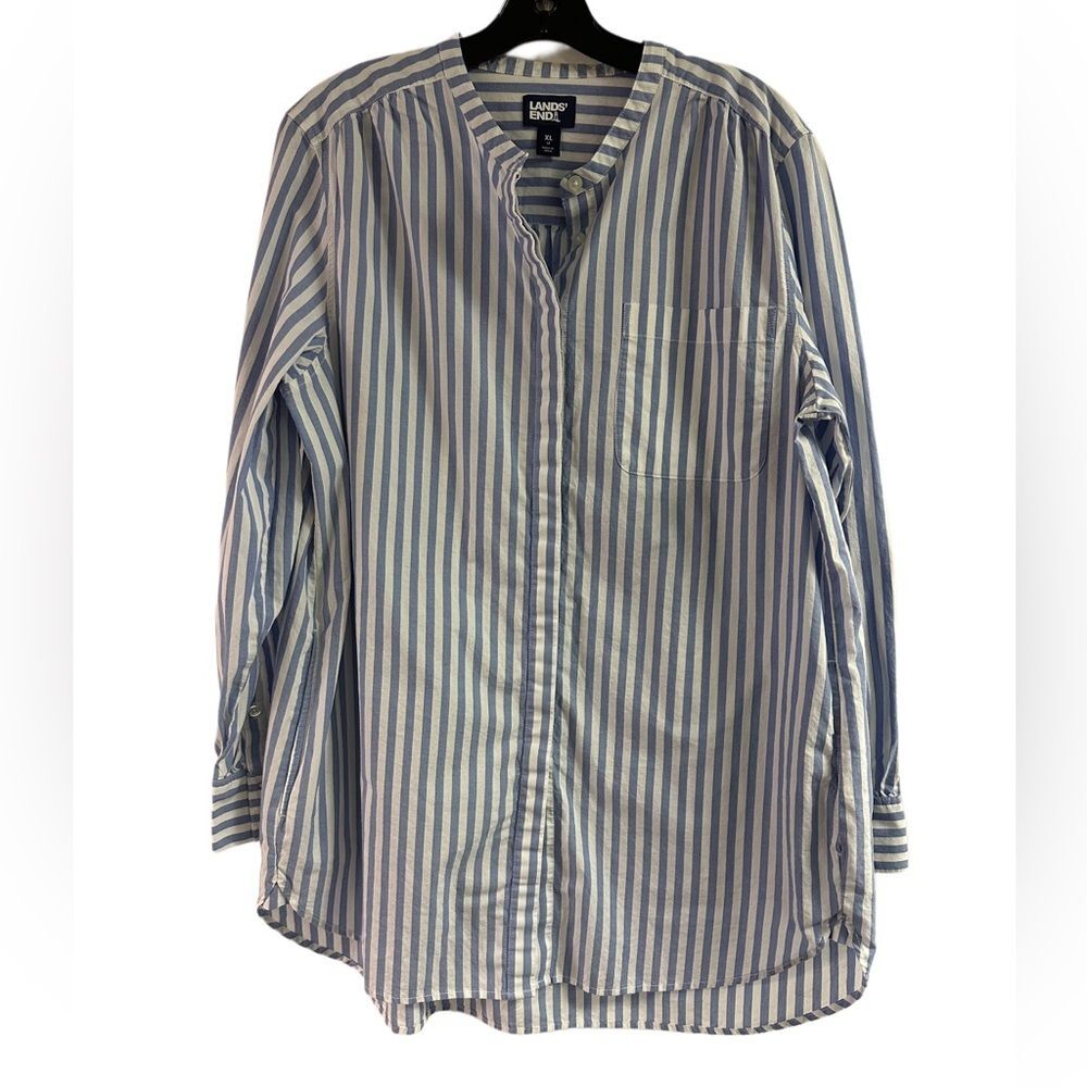 Lands End Blue Stripe Oeko Tex Button Down Tunic Top Side Pockets Size 18